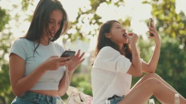 Happy, smiling multiethnic young people at picnic on summer day outdoors. Group of friends having fun with drinks, using cellphone while relaxing in the park at picnic