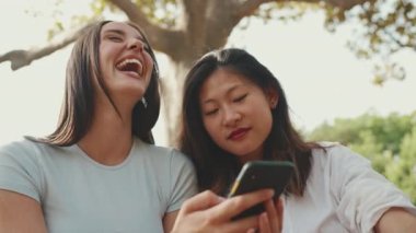 Genç, etnik çeşitlilikte gülümseyen kadınlar telefonlarından video izliyorlar. Kızlar yaz günü açık havada piknikte gülerler.