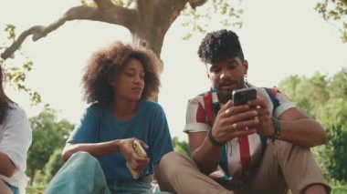 Happy, multiethnic young people at picnic on summer day outdoors. Friends having fun, talking while relaxing in the park at picnic