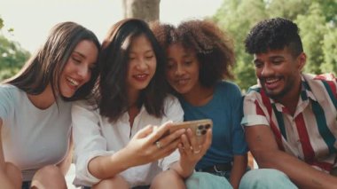 Mutlu, çoklu etnik çeşitlilikte gülümseyen gençler yaz günü açık havada piknik yapıyorlar. Arkadaş grubu cep telefonu kullanır, video izler, sosyal ağlar