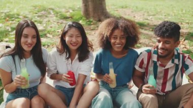 Happy, smiling multiethnic young people at picnic on summer day outdoors. Group of friends having fun with drinks, raising toasts while relaxing in the park at picnic
