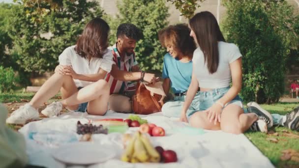 Happy Smiling Young Multinational People Picnic Summer Day Outdoors Four — Stock videók