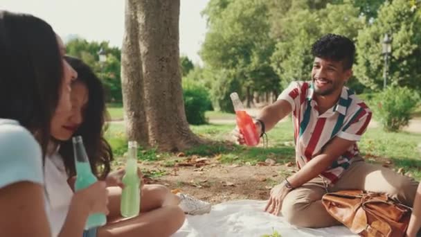 Jóvenes Multiétnicos Felices Sonrientes Picnic Del Día Verano Aire Libre — Vídeo de stock