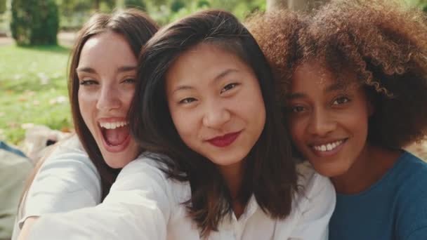Крупный План Счастливых Мультиэтнических Молодых Женщин Позирующих Камеру Сотового Телефона — стоковое видео