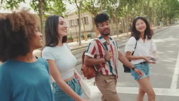 Happy Multiethnic Young People Talking While Crossing Road Crosswalk Summer — 图库视频影像
