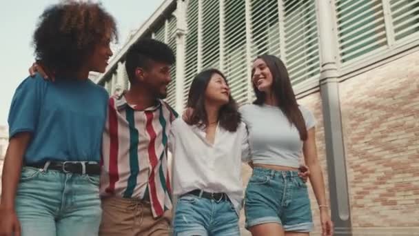 Jovens Multiétnicos Felizes Caminham Abraçando Dia Verão Livre Grupo Amigos — Vídeo de Stock