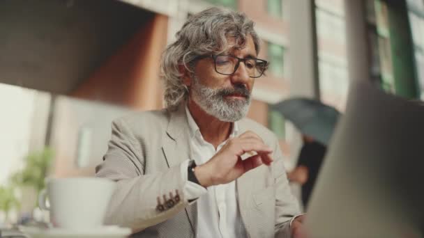Mature Businessman Beard Eyeglasses Wearing Gray Jacket Sits Cafe Middle — Video