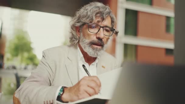 Mature Businessman Beard Eyeglasses User Laptop Computer Taking Notes Sitting — Videoclip de stoc