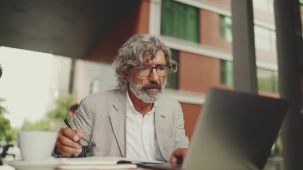 Mature Businessman Beard Eyeglasses User Laptop Computer Taking Notes Sitting — 图库视频影像