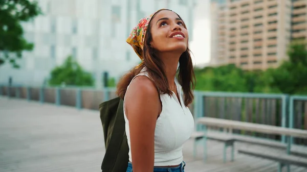 Cute Tanned Woman Long Brown Hair White Top Yellow Bandana —  Fotos de Stock