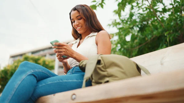 Beautiful Girl Long Dark Hair Wearing White Top Sits Bench — Fotografia de Stock