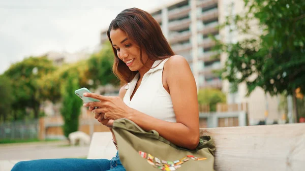 Beautiful Girl Long Dark Hair Wearing White Top Sits Bench — Foto de Stock