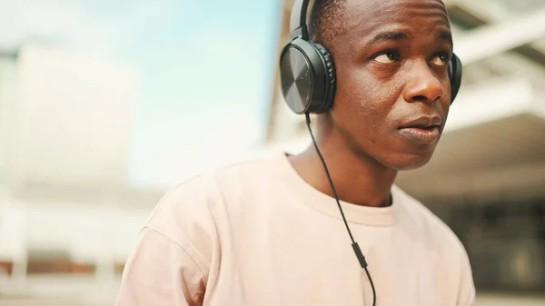 Close Young African Student Sitting University Wearing Headphones — Stock Fotó