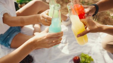 Yakın plan çekimler, ellerinde içkilerle kadeh kaldırmalar yaz günü piknikte renkli içkiler.