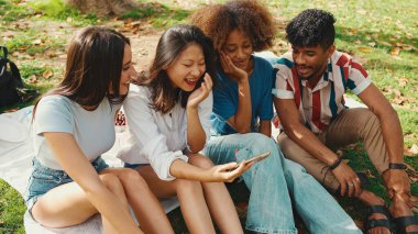 Mutlu, çoklu etnik çeşitlilikte gülümseyen gençler yaz günü açık havada piknik yapıyorlar. Bir grup arkadaş piknikte dinlenirken konuşuyor, cep telefonu kullanıyor.