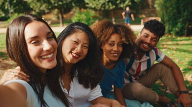 Happy multiethnic young people posing for the camera at picnic on summer day outdoors. Group of friends looking at the camera and laughing merrily