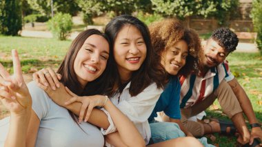 Happy multiethnic young people posing for the camera at picnic on summer day outdoors. Group of friends looking at the camera and laughing merrily
