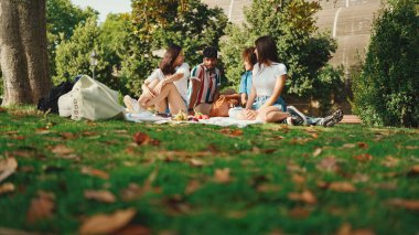 Yaz günü açık havada piknikte gülümseyen mutlu çokuluslu genç insanlar. Arkadaşlar hafta sonu eğleniyor, piknikte parkta dinleniyorlar.