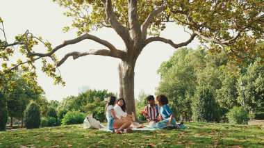 Happy smiling young multinational people at picnic on summer day outdoors. Friends have fun weekend together, relaxing in the park at picnic