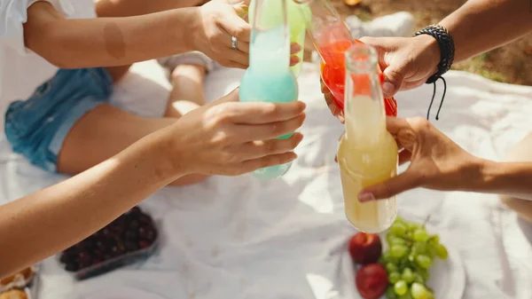 Close-up of hands raising toasts, with drinks in their hands, colorful drinks at picnic on summer day outdoors