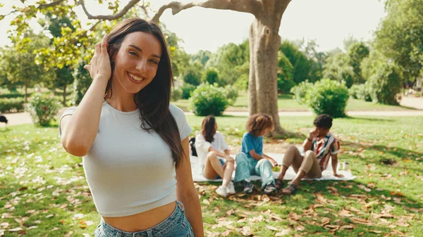 Close Young Smiling Woman Long Brown Hair Posing Camera Park — Stockfoto