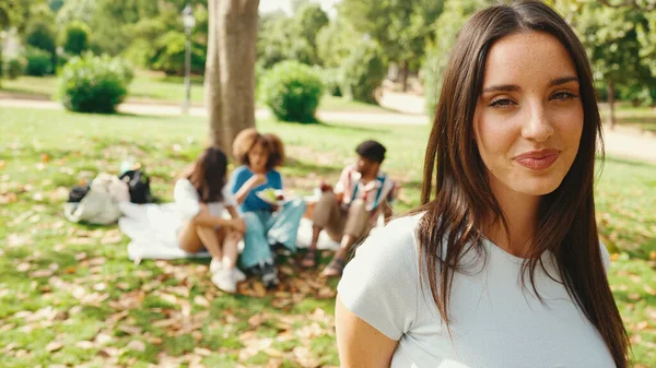 Close Young Smiling Woman Long Brown Hair Posing Camera Park — Zdjęcie stockowe