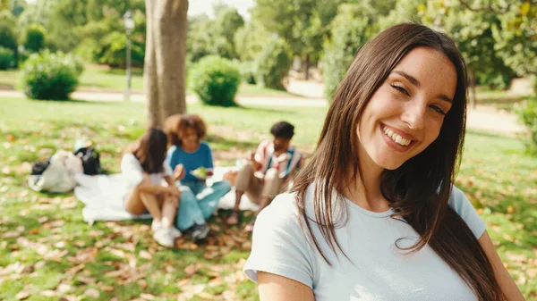 Close Young Smiling Woman Long Brown Hair Posing Camera Park — Stockfoto