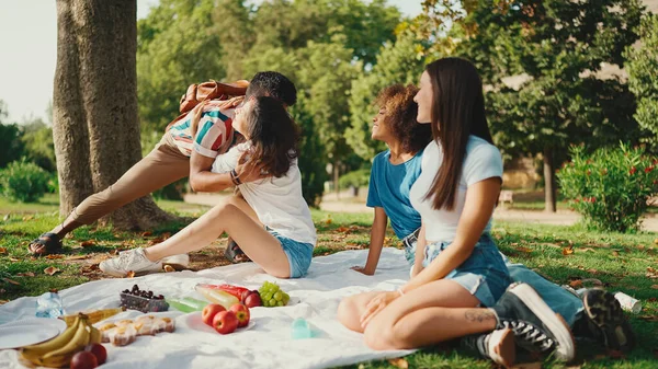 Happy Smiling Young Multinational People Picnic Summer Day Outdoors Friends — 스톡 사진