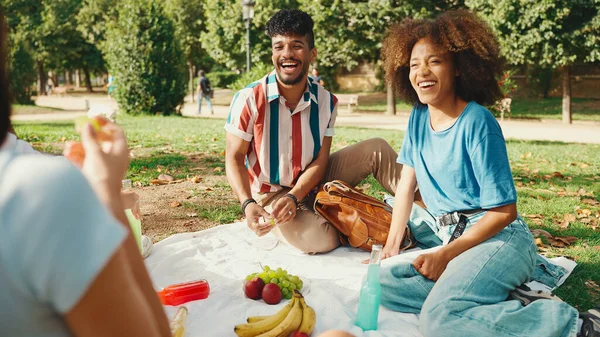 Happy Smiling Young Multinational People Picnic Summer Day Outdoors Friends — ストック写真