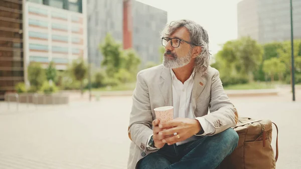Mature Businessman Beard Eyeglasses Wearing Gray Jacket Holding Takeaway Coffee — Fotografia de Stock