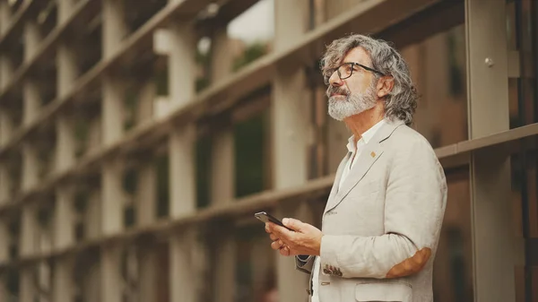 Profile Mature Businessman Beard Eyeglasses Wearing Gray Jacket Looking Street — Fotografia de Stock