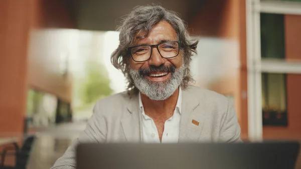 Mature Businessman Beard Eyeglasses Wearing Gray Jacket Sits Cafe Middle — Fotografia de Stock