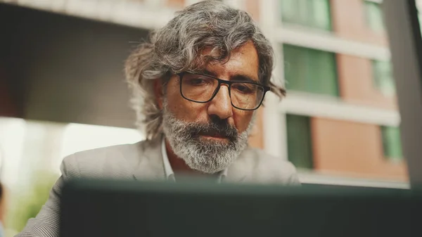 Mature Businessman Beard Eyeglasses Wearing Gray Jacket Working Tablet Sitting — Foto de Stock