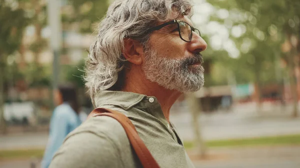 Middle Aged Man Gray Hair Beard Walks Looks Mature Gentleman — Fotografia de Stock