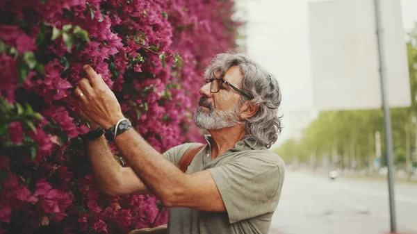 Dost canlısı, orta yaşlı, gri saçlı, sakallı sıradan kıyafetler giyen, arka planda mor çiçekli bir duvar olan bir adam. Gözlüklü olgun bir beyefendi çiçeklere bakıyor.