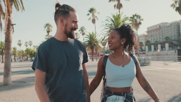 Profile Close Happy Young Man Beard Sitting Bench Emotionally Talking — Video