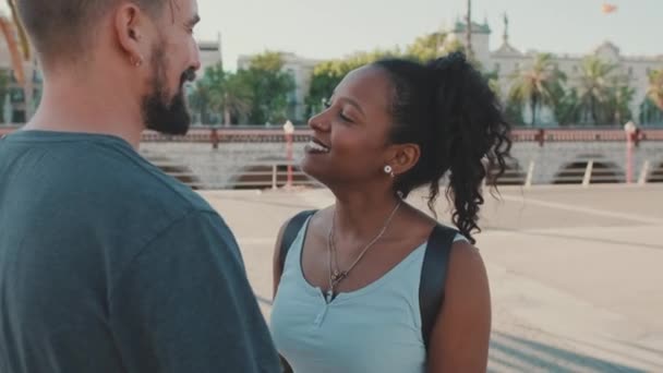Happy Interracial Couple Looking Each Other — Vídeos de Stock