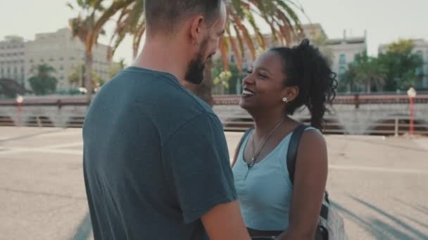 Happy Interracial Couple Looking Each Other — Stock videók
