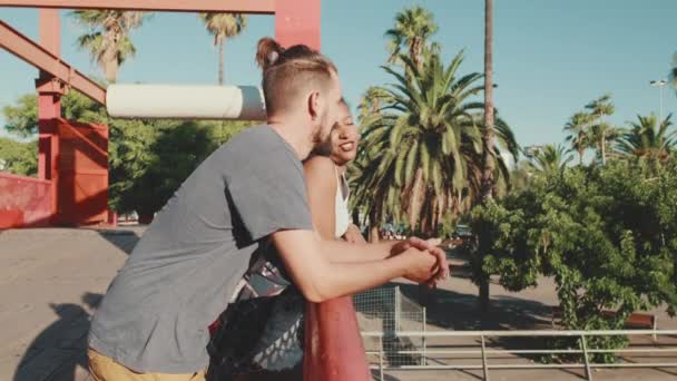 Close Interracial Couple Standing Bridge — Stock videók