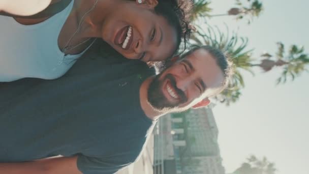 Vertical Video Close Interracial Smiling Couple Love Taking Selfie — Video