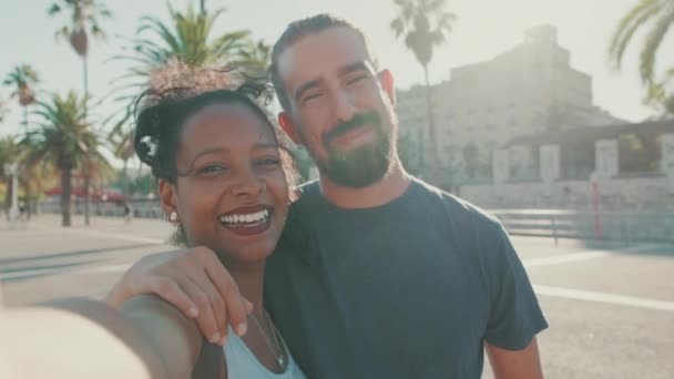 Close Interracial Smiling Couple Love Taking Selfie — Stock videók