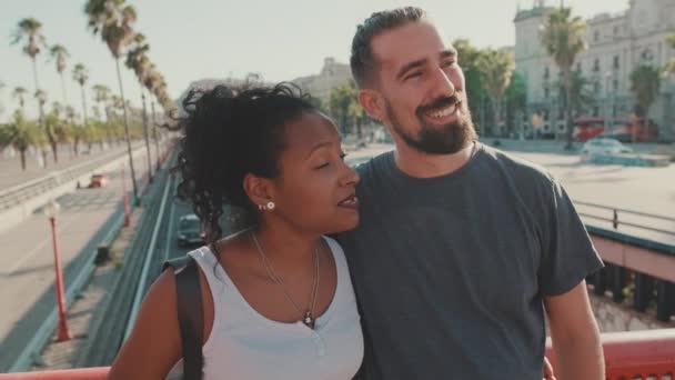 Close Happy Interracial Couple Talking While Standing Bridge — 图库视频影像