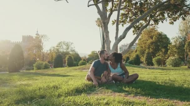 Happy Smiling Interracial Couple Talking While Sitting Grass Park Backlight — Stock Video