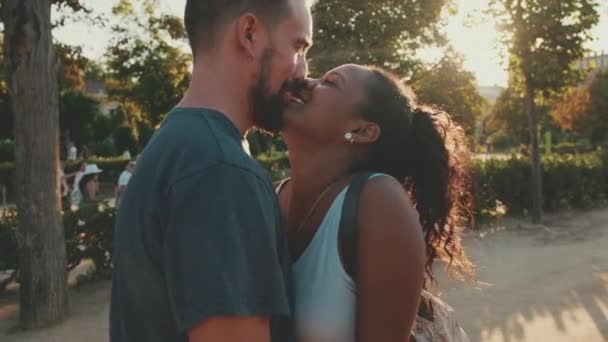 Meeting Two Lovers Interracial Couple Hugging Meet — Stock videók