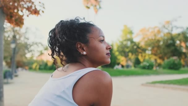 Profile Young Mixed Race Woman Resting Sitting Park Bench Enjoying — Stockvideo