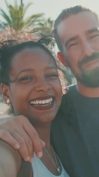 Vertical Video Close Interracial Smiling Couple Love Taking Selfie — Stock videók
