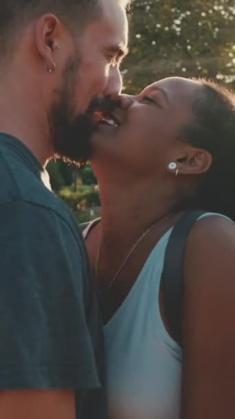 Vertical Video Meeting Two Lovers Interracial Couple Kissing Meeting — Stock videók