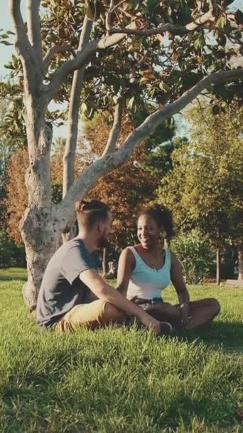 Vertical Video Happy Smiling Interracial Couple Talking While Sitting Grass — Wideo stockowe