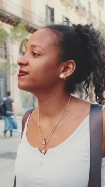 Vertical Video Young Mixed Race Woman Walks Street Old City — Stockvideo