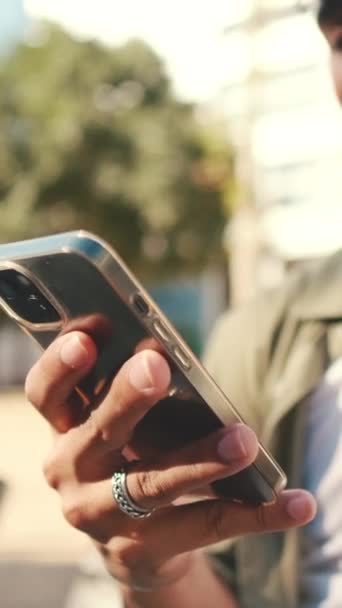 Vertical Video Close Young Man Hands Using Phone — Vídeo de stock